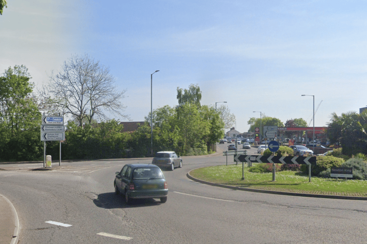 Traffic along the A38 arriving at the Wellington New Road roundabout, Taunton, will be met by tailbacks from roadworks in Silk Mills Road (on the left). PHOTO: Google Maps.