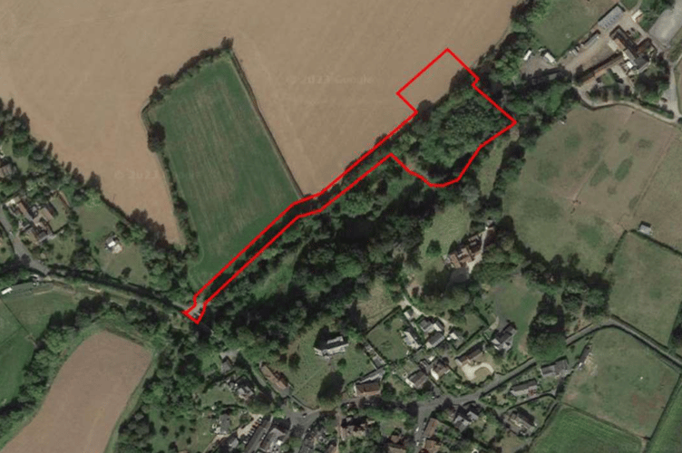 An aerial view of Bradford on Tone showing the site of a proposed River Tone fish and eel pass outlined in red. PHOTO: Atkins.
