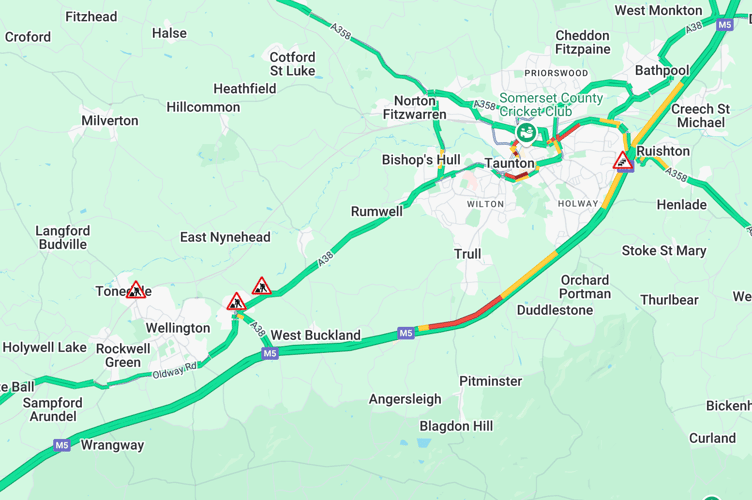 Current view of delays on the M5 between Wellington and Bridgwater.