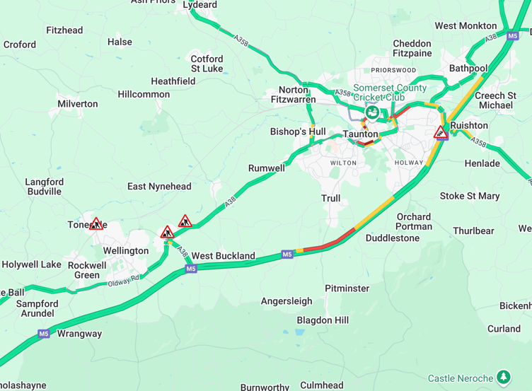 Current view of delays on the M5 between Wellington and Bridgwater.