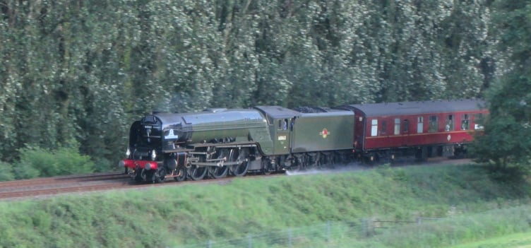 Steam locomotive 60163 Tornado descending White Ball, just outside Wellington, as it returns to Bristol on Sunday. PHOTO: Chris Penney.
