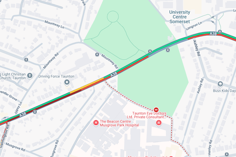 Map of delays on the A38 Wellington New Road in Taunton.