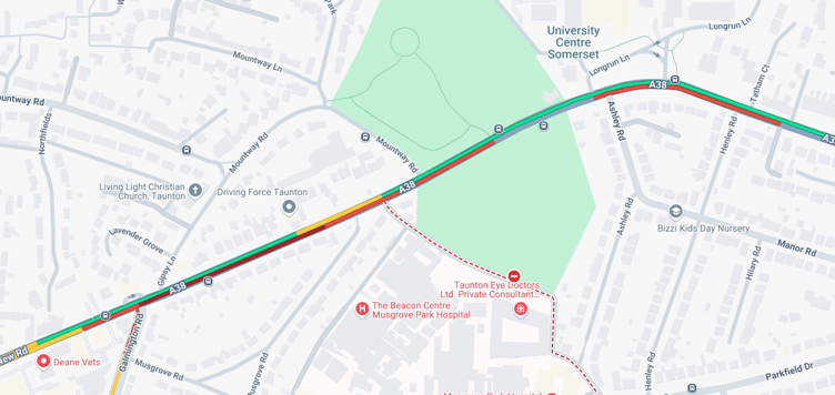 Map of delays on the A38 Wellington New Road in Taunton.