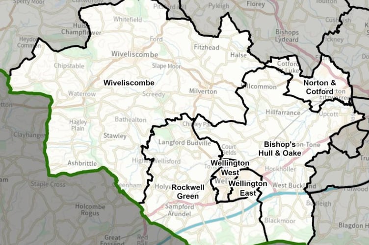 Proposed new unitary council division boundaries for Wiveliscombe and Wellington.
