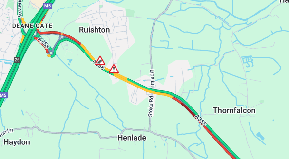 The A358 between the M5 and Thornfalcon is experiencing severe delays. There are reported closures