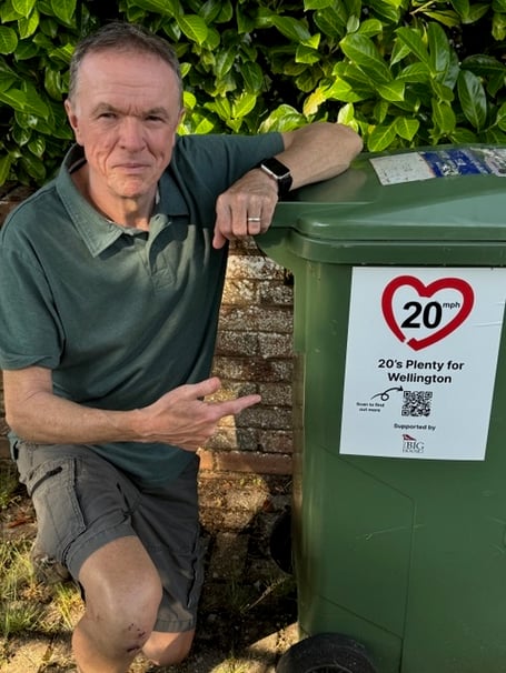 Ben Fox with a promotional '20's Plenty for Wellington' campaign sticker