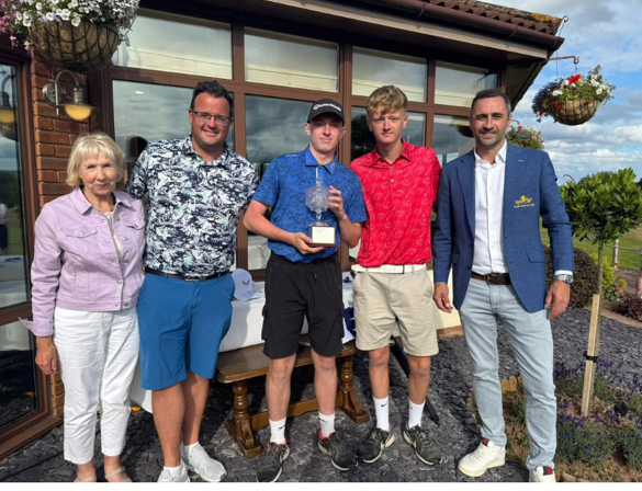 Terence Trophy - left to right: Daphine Priddy ladies captain, John Ball from Terence Ball Kitchens, winners Harry Storey and Logan Thomas, and Richard Goodman club captain