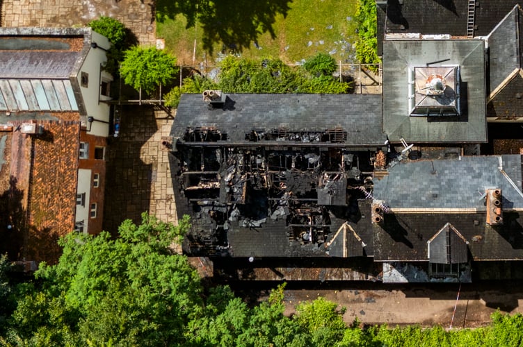 These images show scale of damage caused by a major fire to a wellness retreat lnked to Sadie Frost. Pictures show the charred ruins of the Amchara Health and Wellbeing Retreat based at the historic Bindon Country House. Guest at the luxury hotel near Wellington, Somerset, were evacuated overnight after the fire broke out on the first floor and spread into the roof just before midnight on Saturday. The Grade II listed 19th century manor house in Langford Budville is set within several acres of stunning gardens and woodland. It has its own pool, tennis court and spa.