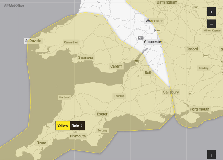 A Met Office yellow water warning has been extended to cover the whole of Somerset. IMAGE: Met Office.