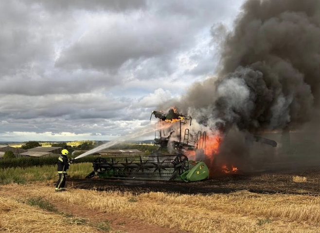 A combine harvester caught fire outside Wellington on Tuesday, July 29