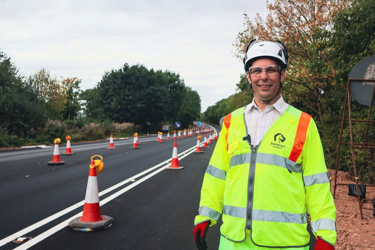 Somerset executive Cllr Richard Wilkins inspects the nearly finished Chelston link road resurfacing scheme.
