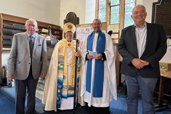 The new Bishop of Crediton the Venerable Moira Astin led the joint service of holy communion in St Mary’s in Hemyock recently. Pictured are David Bawler (churchwarden) Bishop Moira, David Major and Piers Langdon (churchwarden)