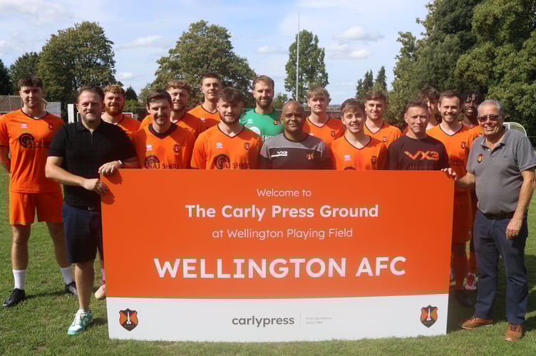 Mark Gladstone-Smith and Graham Aspin (vice-chairman) are pictured with first team players and coaches before last Saturday’s home game against Helston Athletic.