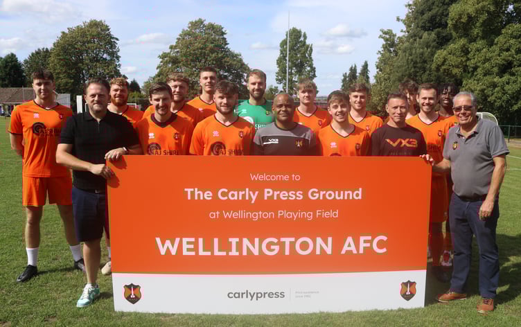 Mark Gladstone-Smith and Graham Aspin (vice-chairman) are pictured with first team players and coaches before last Saturday’s home game against Helston Athletic.