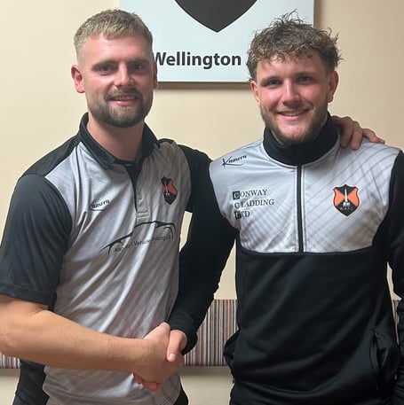 Man of the Match Sam Poole (right) with keeper Tom Hawkings and match sponsor (We Create Residential).