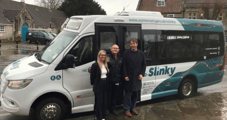 Somerset executive Cllr Richard Wilkins (right) with the 'Digital Slinky' bus service.