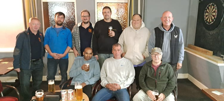 Fireguard A, one of the oldest teams in the Wellington Ex-Services Skittles League, back left to right: Larry Heal, William Leak, Ben Sellick, Oliver Hayes, Adrian Ridgeway, Mike Davis; front: Lewis McAteer, Daniel Taylor (capt), Rob Richardson.