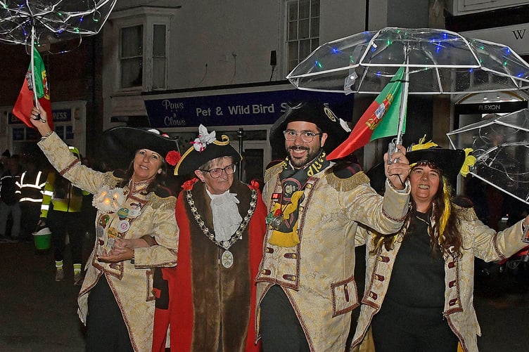 Wellington Mayor Cllr Janet Lloyd greeted carnivalites from Torres Vedras, Portugal, who took part in the town's carnival on Saturday.