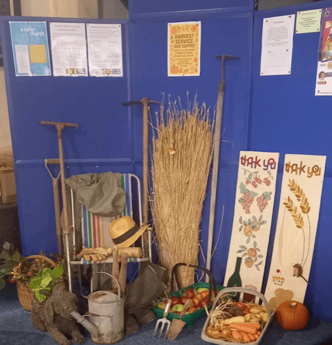 Hemyock St Mary’s Church Harvest Festival floor display by David Bawler with panels handcrafted by Elizabeth Sherwood