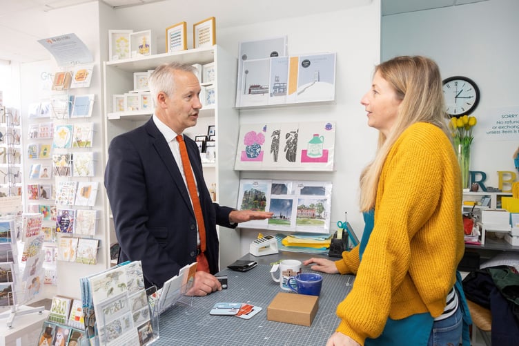 MP Gideon Amos talking with Susie Thomas owner of Rocket and Bird