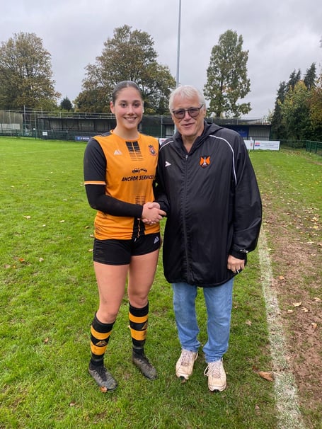 Player of the Match Imogen Edmondston-Low with Wellington AFC Chairman Mike Hall.