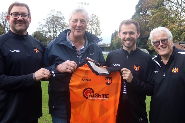 Electrical and solar services firm AJ Shire are again sponsoring Wellington's first team kit and pictured are, left to right, Richard Cherry (manager), Alan Shire (president), Glen Wright (captain),and Mike Hall (chairman). 