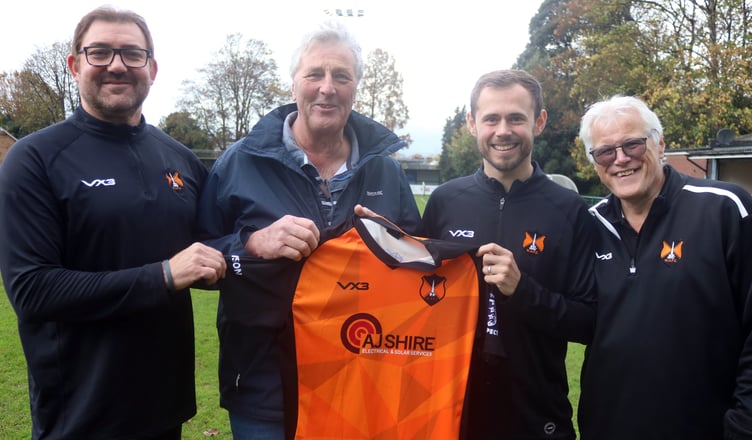 Electrical and solar services firm AJ Shire are again sponsoring Wellington's first team kit and pictured are, left to right, Richard Cherry (manager), Alan Shire (president), Glen Wright (captain),and Mike Hall (chairman).