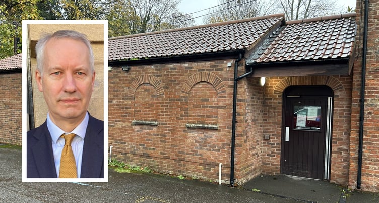 The now-closed Jhoots pharmacy in Wellington with local MP Gideon Amos (inset).