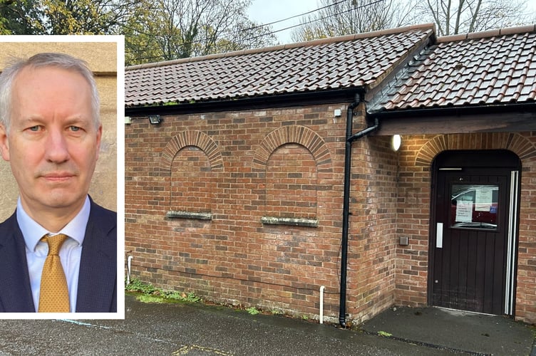 The now-closed Jhoots pharmacy in Wellington with local MP Gideon Amos (inset).