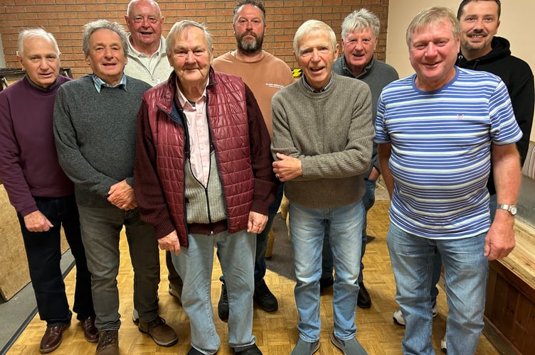 Hot Shots who play in the Gerald Thorne Championship, left to right: Martin Kerslake, Robin Marke, Roger Millet, Tim Thorne, Alex Govier, Nelson Kerslake, captain for more than 50 years, Alan Voss, Alan Brooks, Edward Chivers.