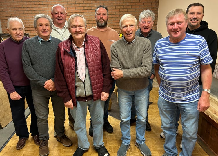 Hot Shots who play in the Gerald Thorne Championship, left to right: Martin Kerslake, Robin Marke, Roger Millet, Tim Thorne, Alex Govier, Nelson Kerslake, captain for more than 50 years, Alan Voss, Alan Brooks, Edward Chivers.