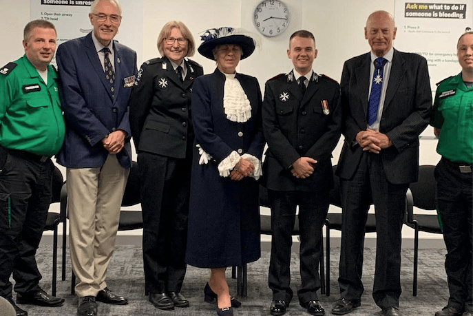 Pictured at the St John Ambulance county awards night are (left to right) Alex Fowler, Rob Beckley, country president Sarah Lithgow, High Sheriff Janet Montgomery, county commissioner Dr Joe Cartwright, John Roberts, and Michelle De Mora.