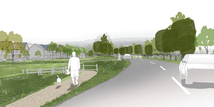 An indicative view eastwards along the B3227 frontage of a new housing estate proposed in Wiveliscombe by Bloor Homes.