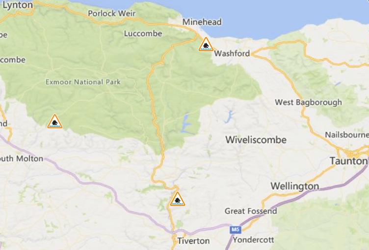 Flood warnings are in place across West Somerset and Exmoor.