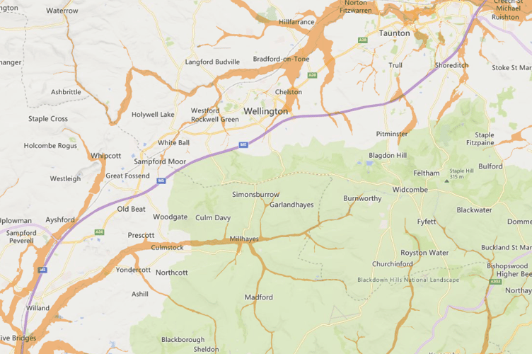Flooding risks shown for the River Tone catchment area and Culm Valley areas.