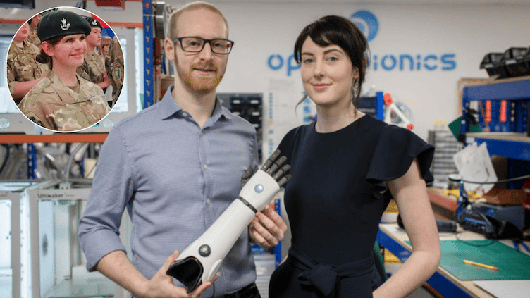 Open Bionics founders Joel Gibbard and Samantha Payne with Paige Cox inset.