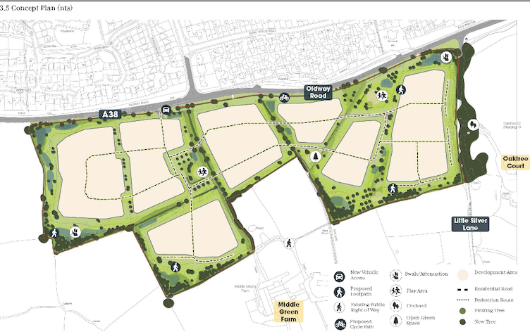 A concept plan for Pegasus Group's proposed housing estate in fields to the south of Wellington relief Road.