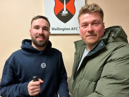 Keeper Andy Collings was Player of the Match against Barnstaple and he is pictured receiving his award from Barry Hamilton of Magenta Alarm & Safety Systems Ltd who sponsored the match.