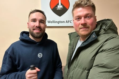 Keeper Andy Collings was Player of the Match against Barnstaple and he is pictured receiving his award from Barry Hamilton of Magenta Alarm & Safety Systems Ltd who sponsored the match.