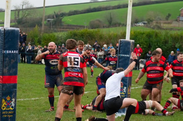 Wiveliscombe prop Matt Ellis celebrates a try for his side.