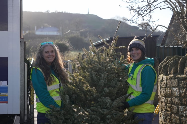 CEO Jo Hall and a volunteer holding Christmas tree.