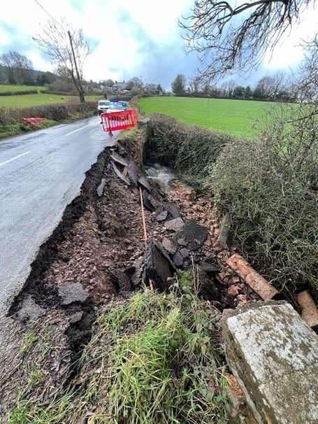 Sampford Moor Road, near Wellington, has been closed after this damage caused during Storm Ingrid.