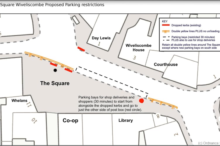 A plan of proposed car parking changes in The Square, Wiveliscombe, which are being reconsidered by a special meeting of town councillors.
