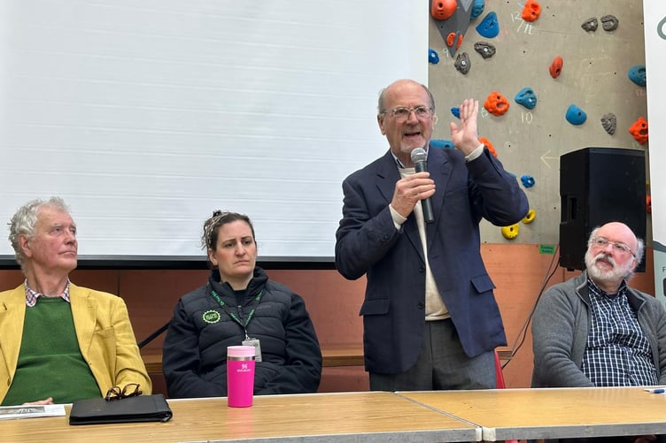 Wellington town Cllr Keith Wheatley (standing) with fellow greenway public meeting pannelists (left to right) John Grimshaw, Tracey Mock, and Cllr Dave Mansell.