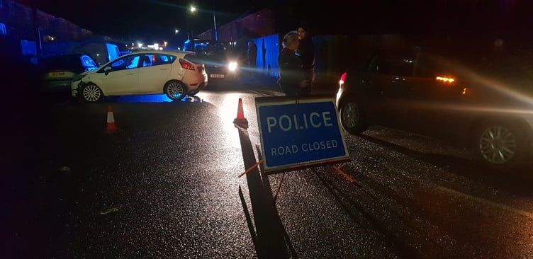 This white car damaged in a collision in Longforth Road resulted in the north of Wellington being cut off on Saturday evening.
