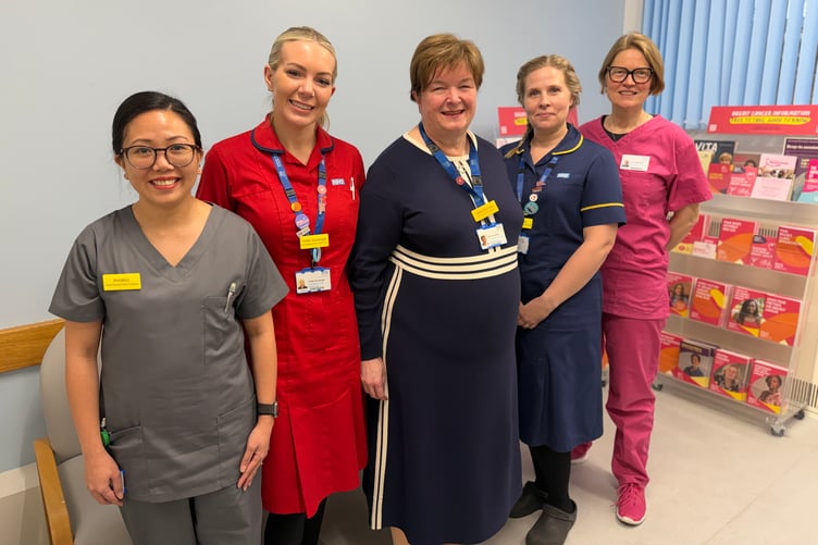 The diagnostic team in Musgrove Park Hospital (left to right) advanced nurse practitioner Annalou-Fae Inot, lead breast care nurse Hollie Kavanagh, consultant breast surgeon Maria Bramley, breast clinical nurse specialist Charlotte Goddard, and breast screening clinical lead Dr Zoe Goldthorpe.