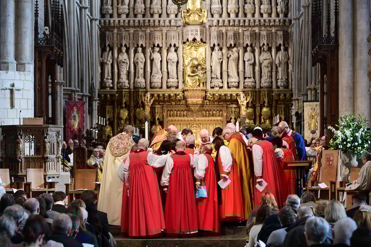 Bishops lay their hands on the Ven Dr Fiona Gibson during her ordination and consecration as Bishop of Taunton.