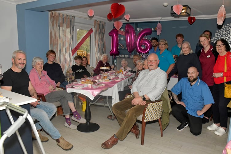 Family and friends celebrate the 106th birthday of Kathleen Saunders in Oaktree Court.