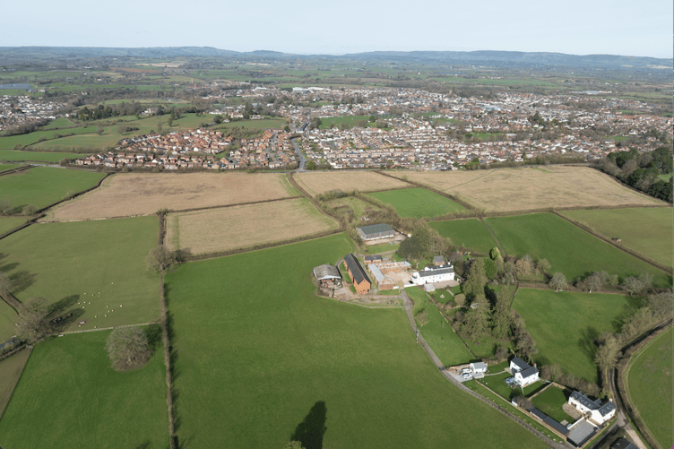 A drone's eye view of fields outside Wellington where Pegasus Group wants to build 250 houses.