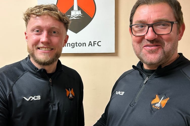 Defender Tom Stone (left) was Wellington's Player of the Match and he is seen being congratulated by manager Richard Cherry